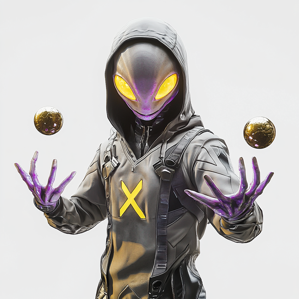 Alien in tech armor with X symbol holding spheres.