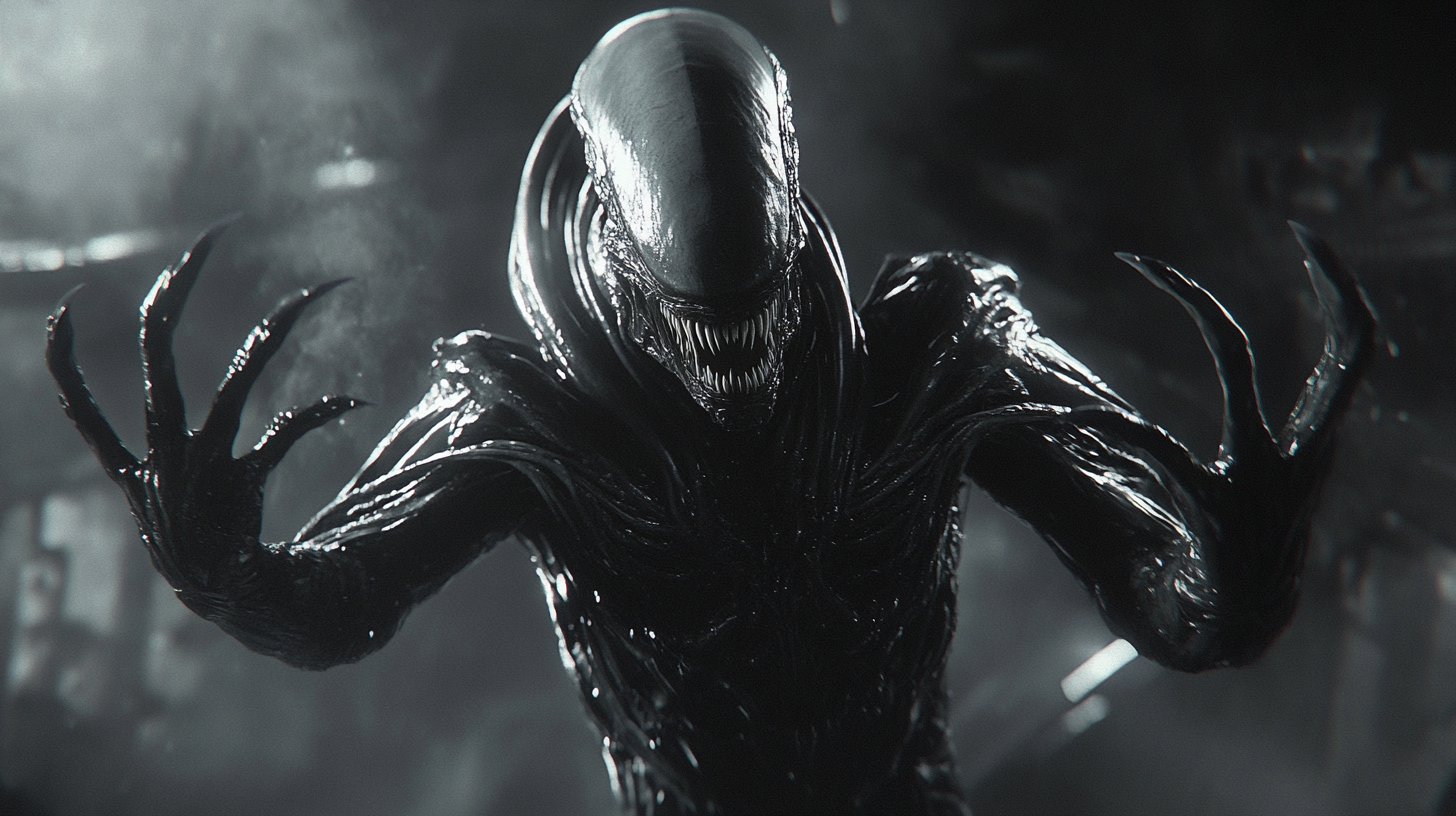 Alien in various scenes, striking iconic pose. Dark, realistic.