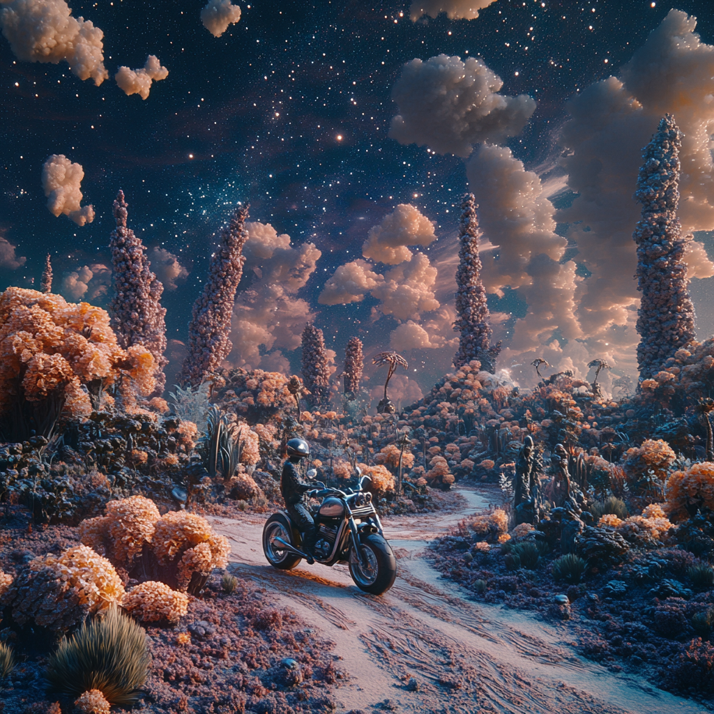 Alien landscape with motorcycle guarded by aliens.