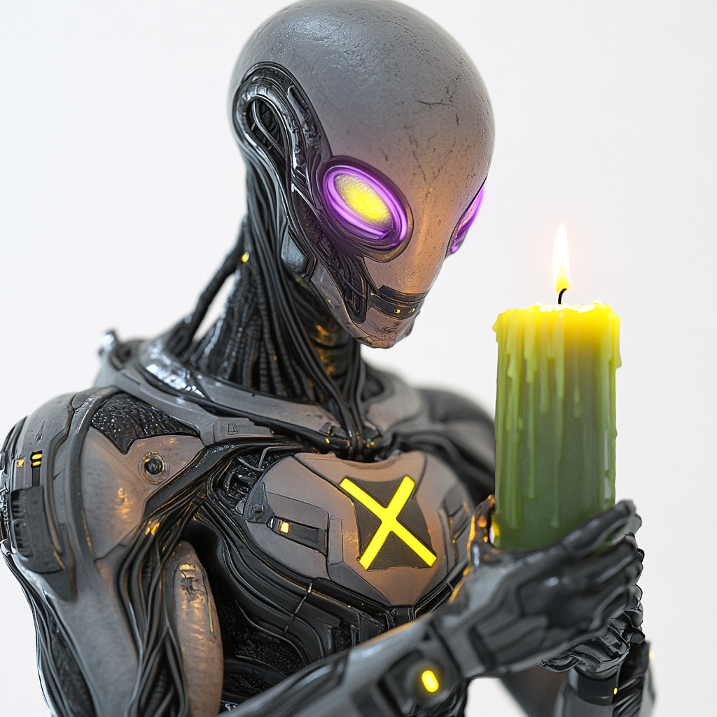 Alien lighting green candle with high tech device.