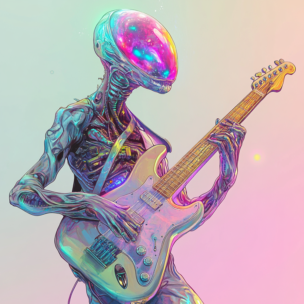 Alien musician plays cosmic jazz, colorful tentacles glow.