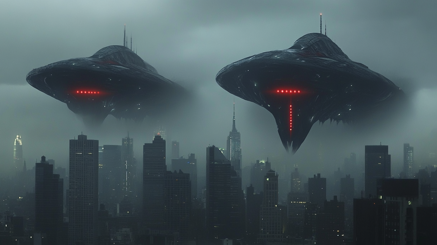 Alien spaceships with red lights over New York.