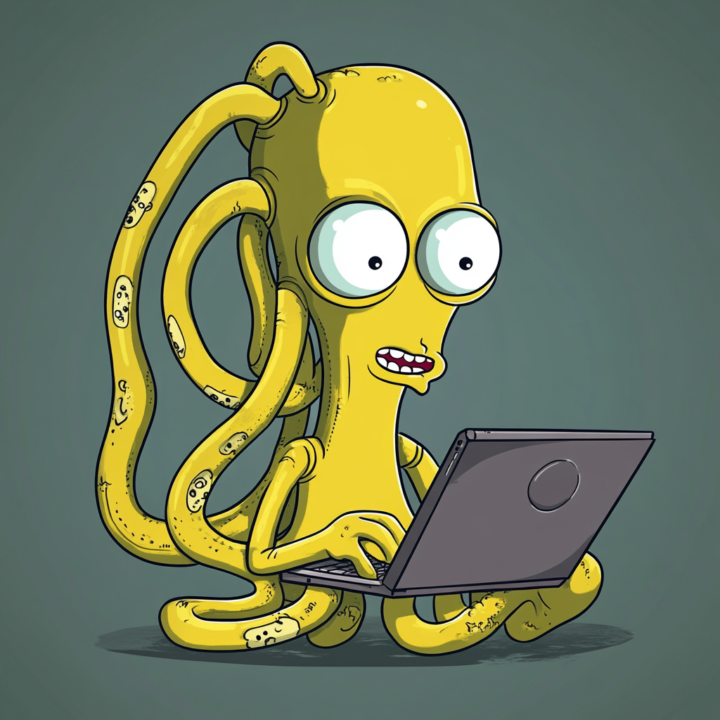 Alien with tentacles on laptop, cartoon style humor.