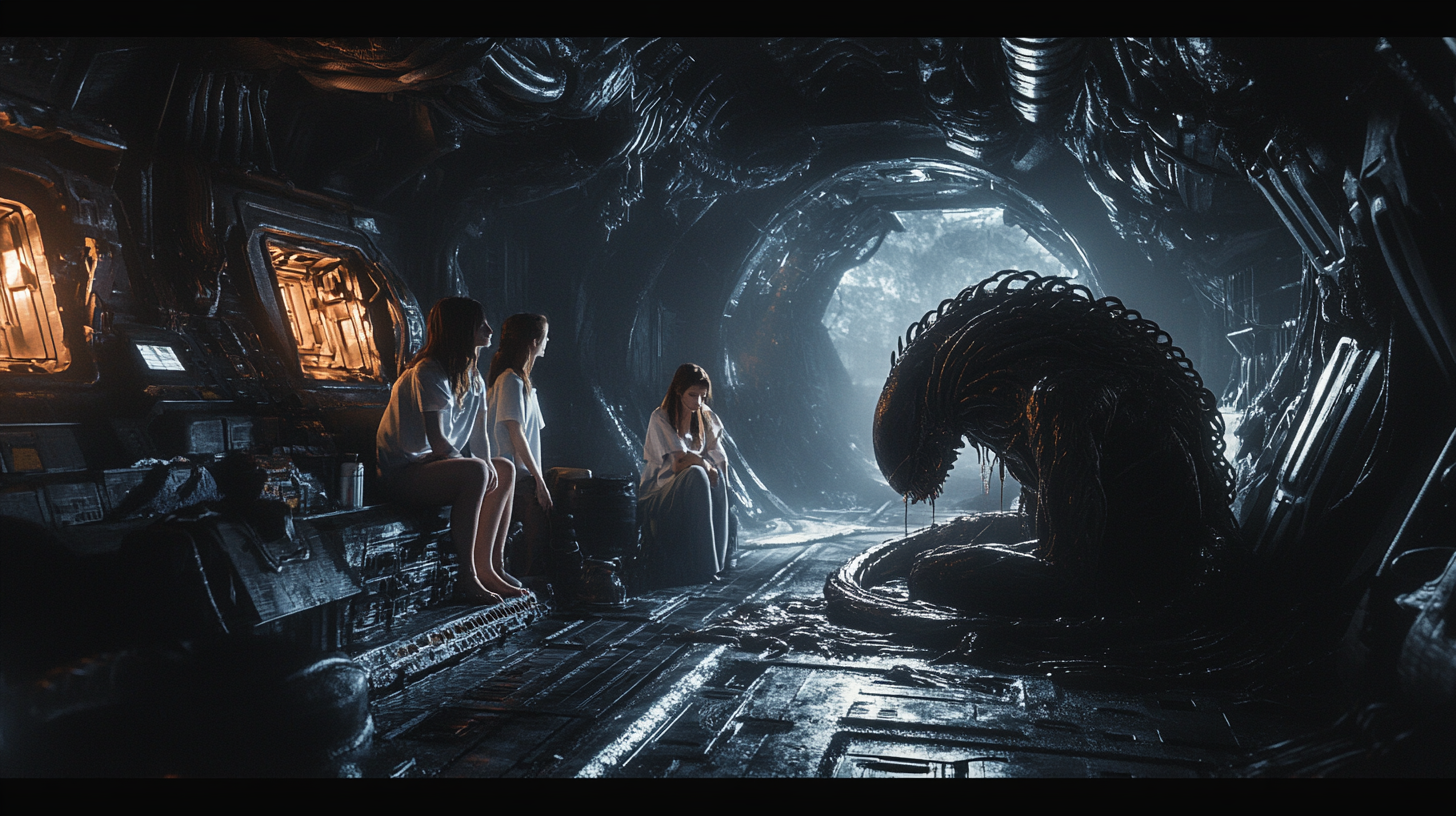 Alien xenomorph in spaceship surrounded by young women.