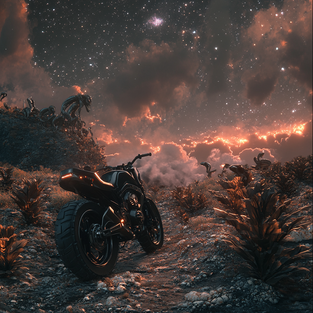 Aliens admiring motorcycle in surreal alien landscape.