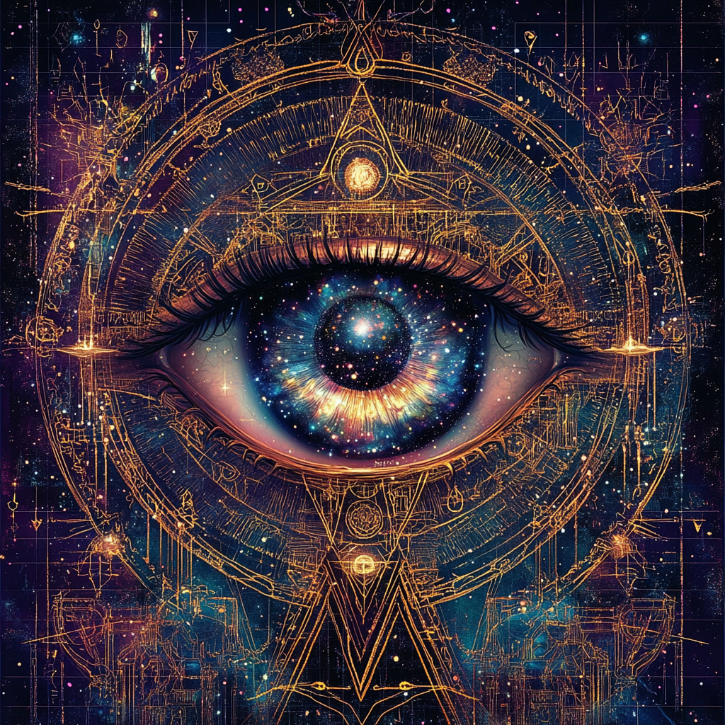 All-Seeing Eye Art with Galaxy Iris and Celestial Symbols