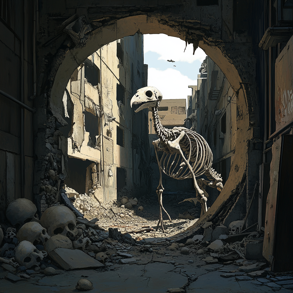 Alleyway with bones, dodo skeleton, and bombed building.