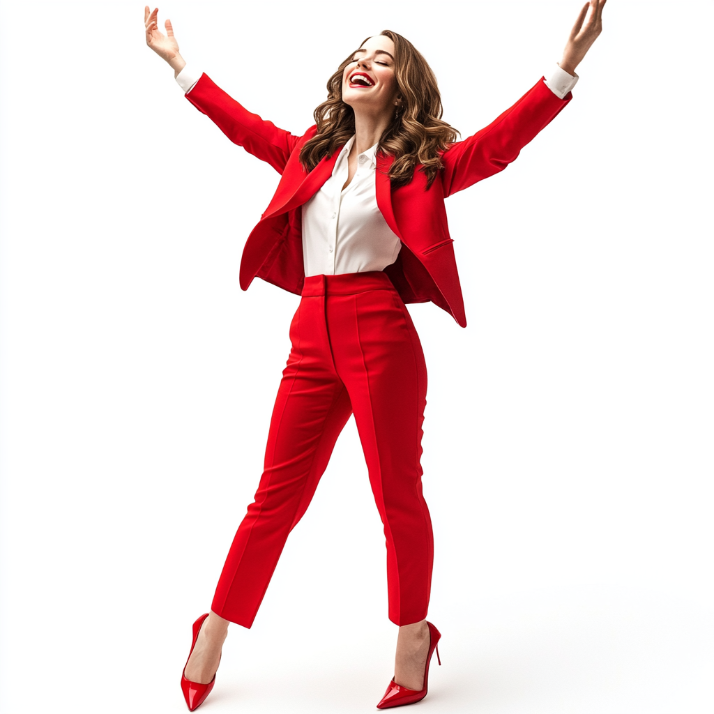 Allison Brie in red outfit, smiling and posing.