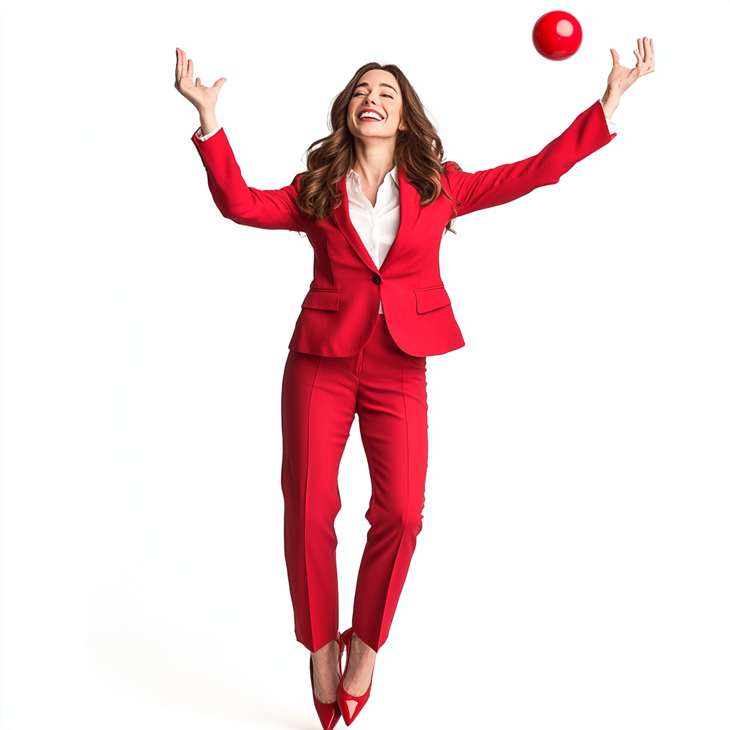 Allison Brie in red pant suit, heels, smiling.