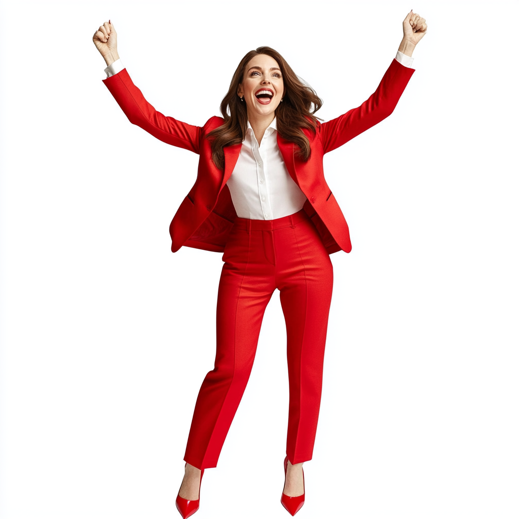 Allison Brie in red suit, heels, white shirt, smiling.