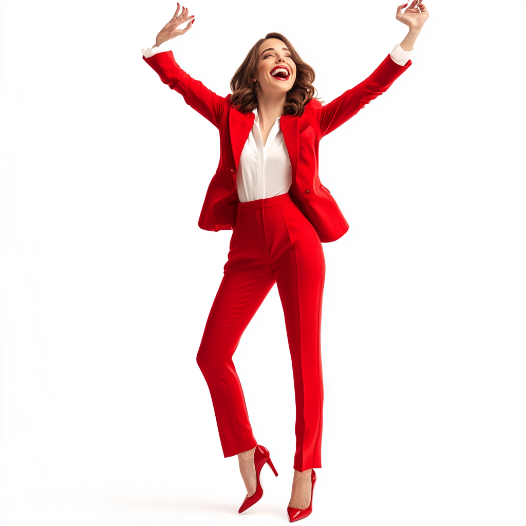 Allison Brie smiling in red pant suit, heels.