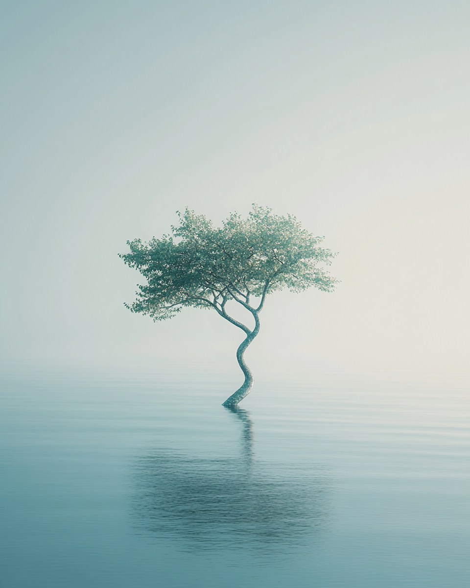 Alone, surreal tree on vast lake in high resolution.