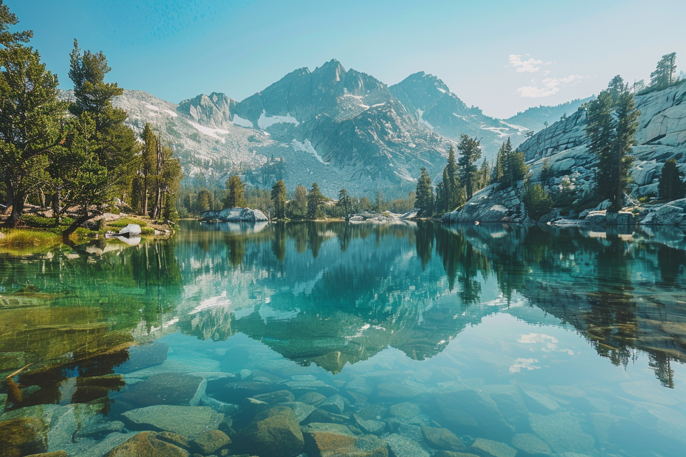 Alpine lake with calm water reflecting pine trees, mountains.