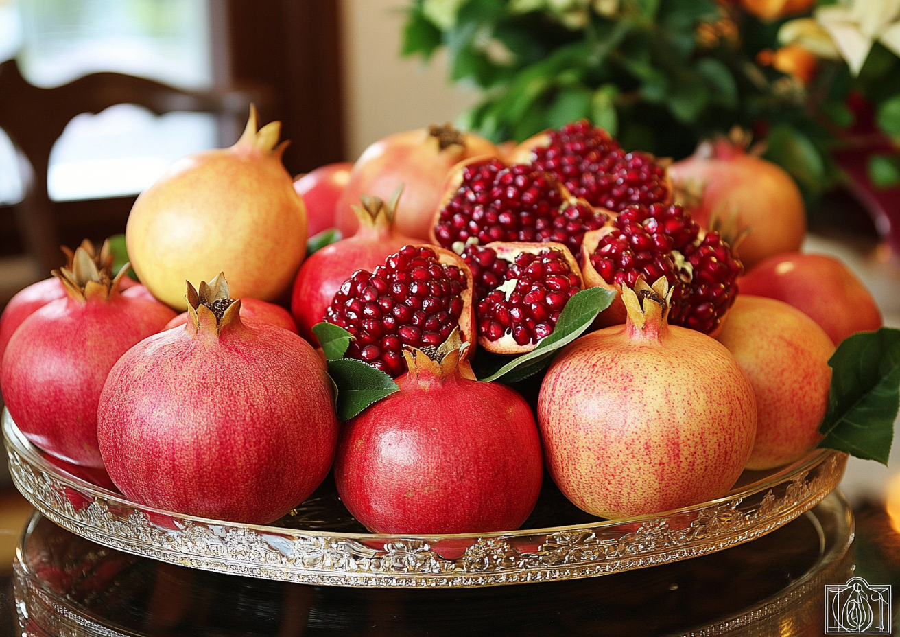 Alt Image Text: Apples and pomegranates in bowls around the house.