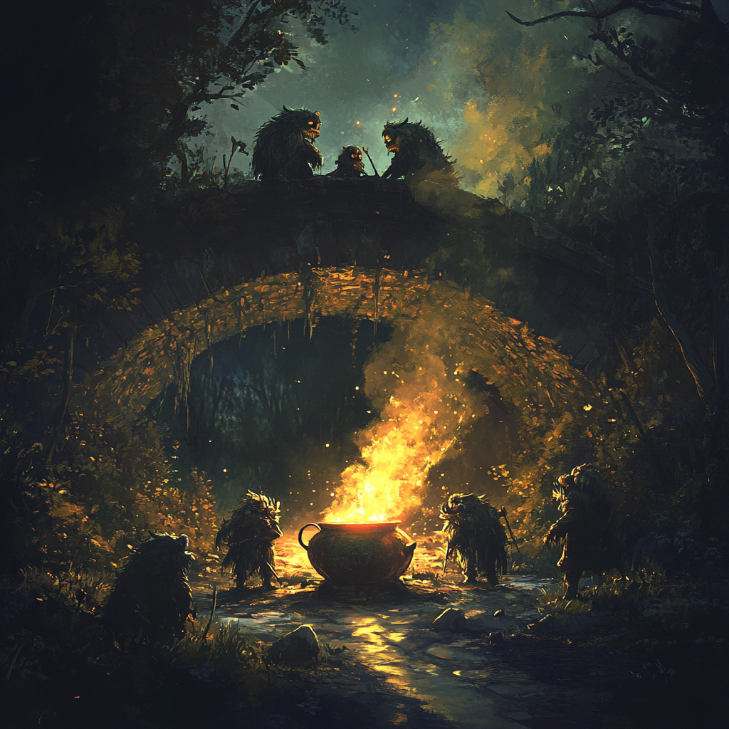 Alt text: Giant trolls around fire under bridge near cave opening.