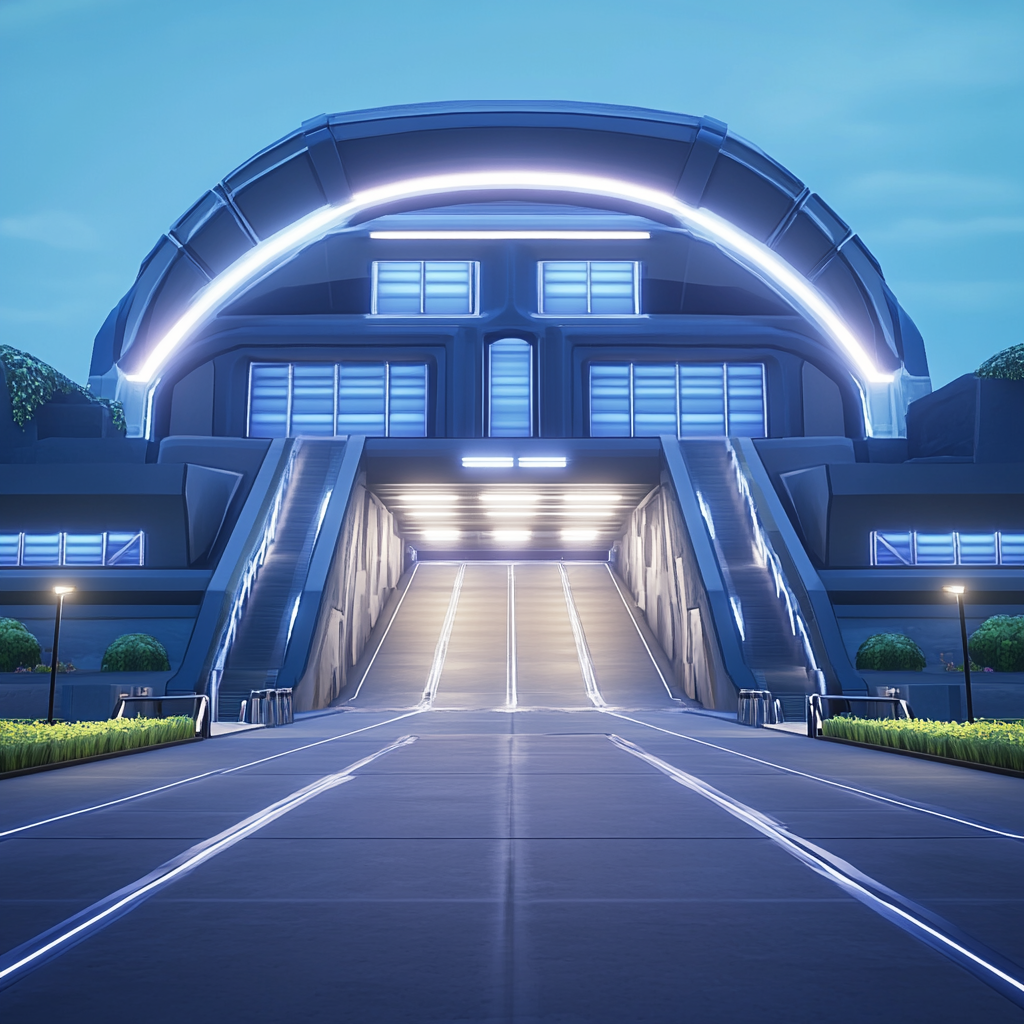 Alt text: Modern stadium entrance with Roman landscaping and lighting.