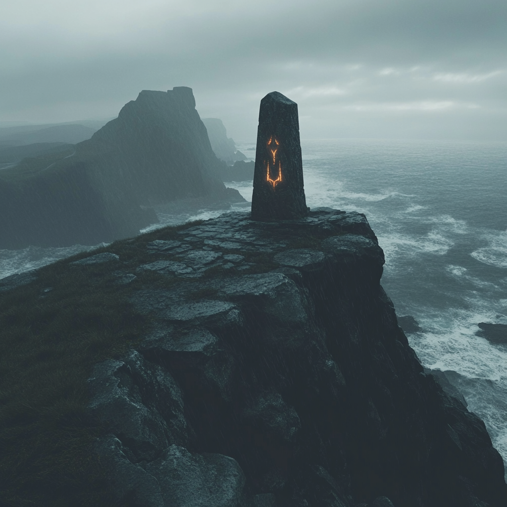 Altar stands on cliff, overlooking stormy ocean. Fog rolls.