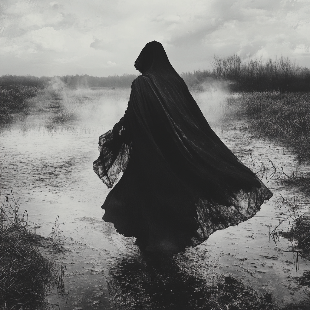 Alternative text: Witch in swamp wearing flowing cloak, black & white