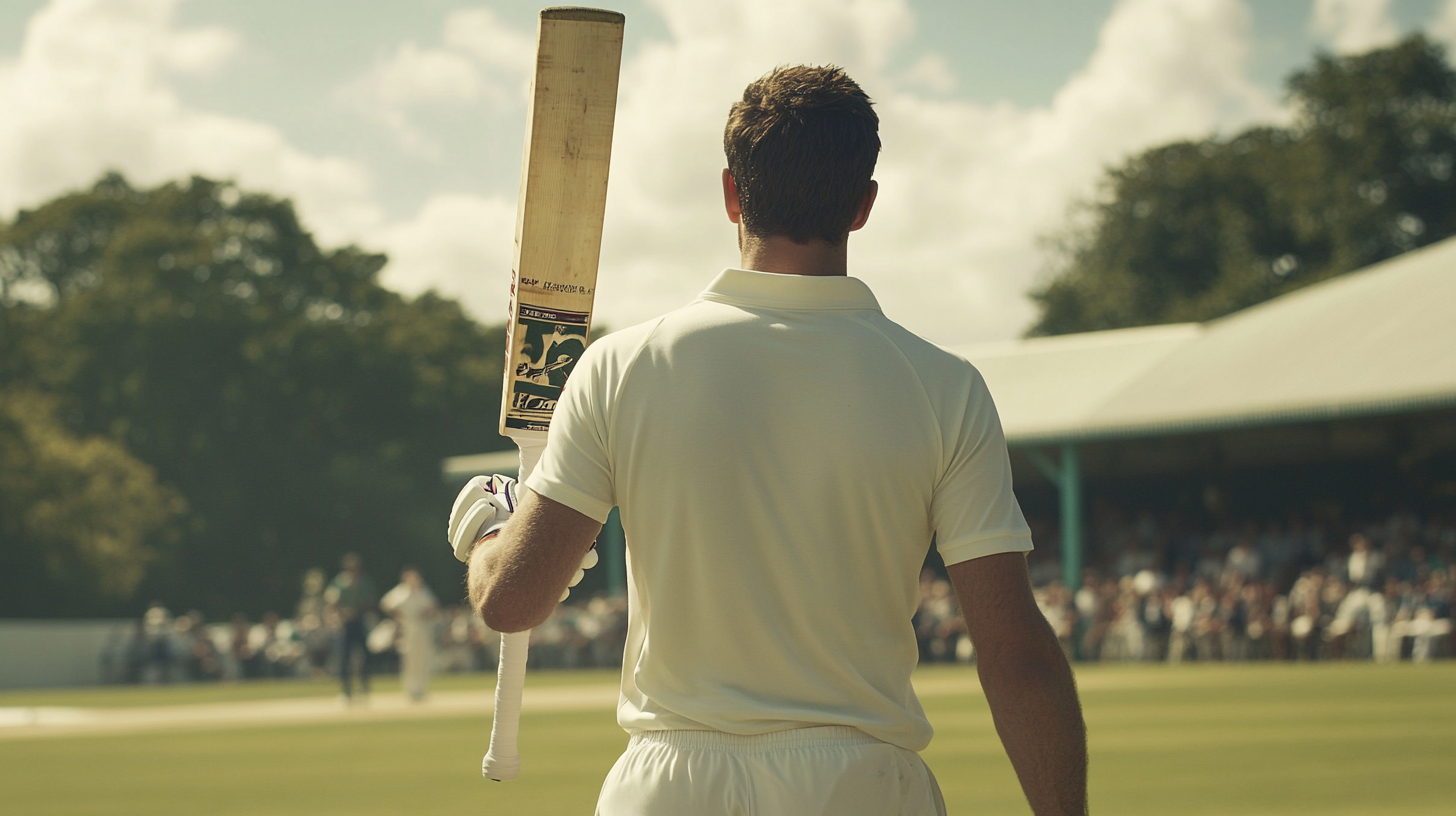 Amateur cricket batsman holding bat in cricket whites.