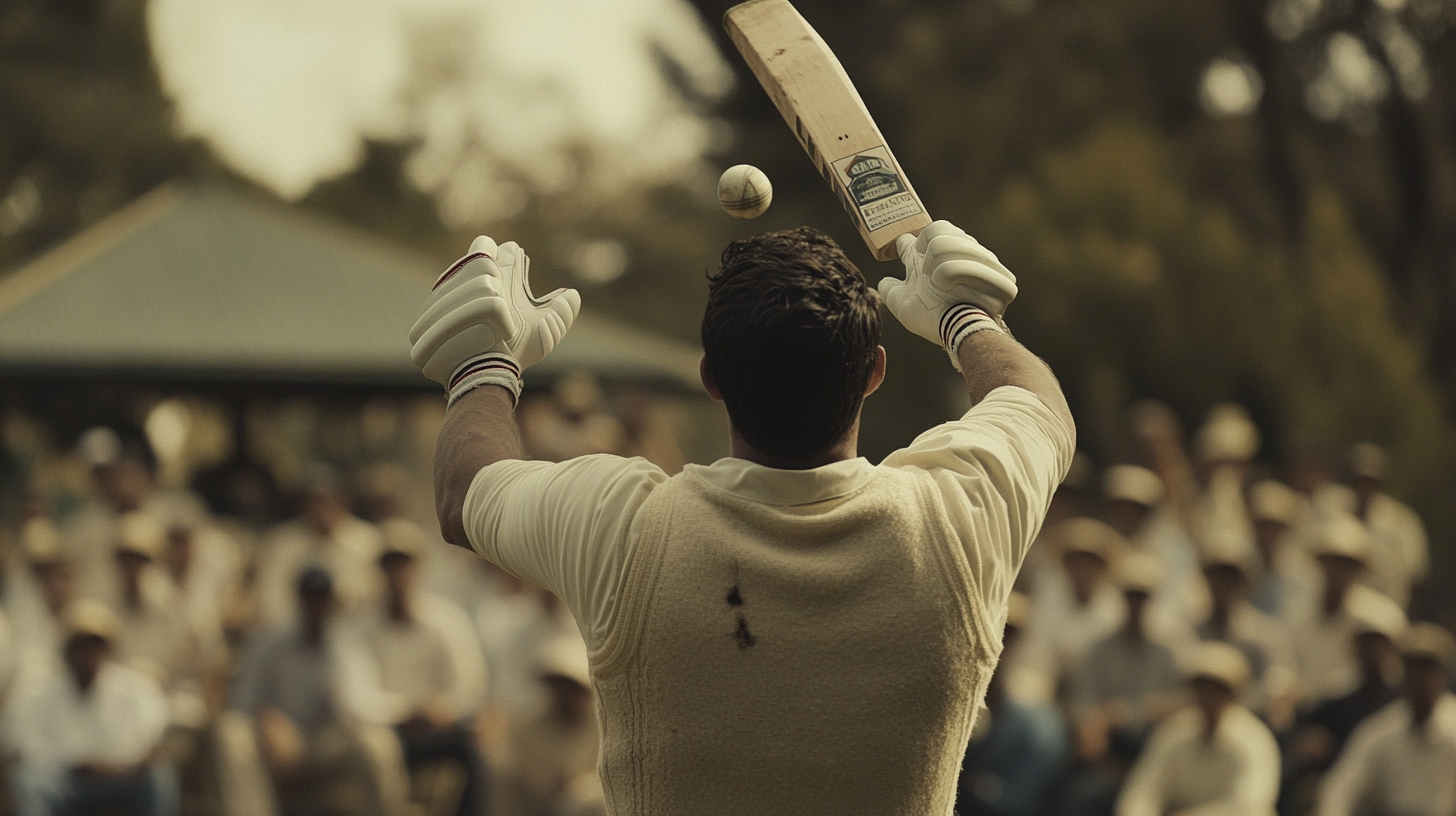 Amateur cricket batsman standing heroically with batting glove.