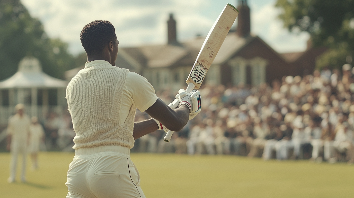 Amateur cricket player in cricket whites posing heroically.