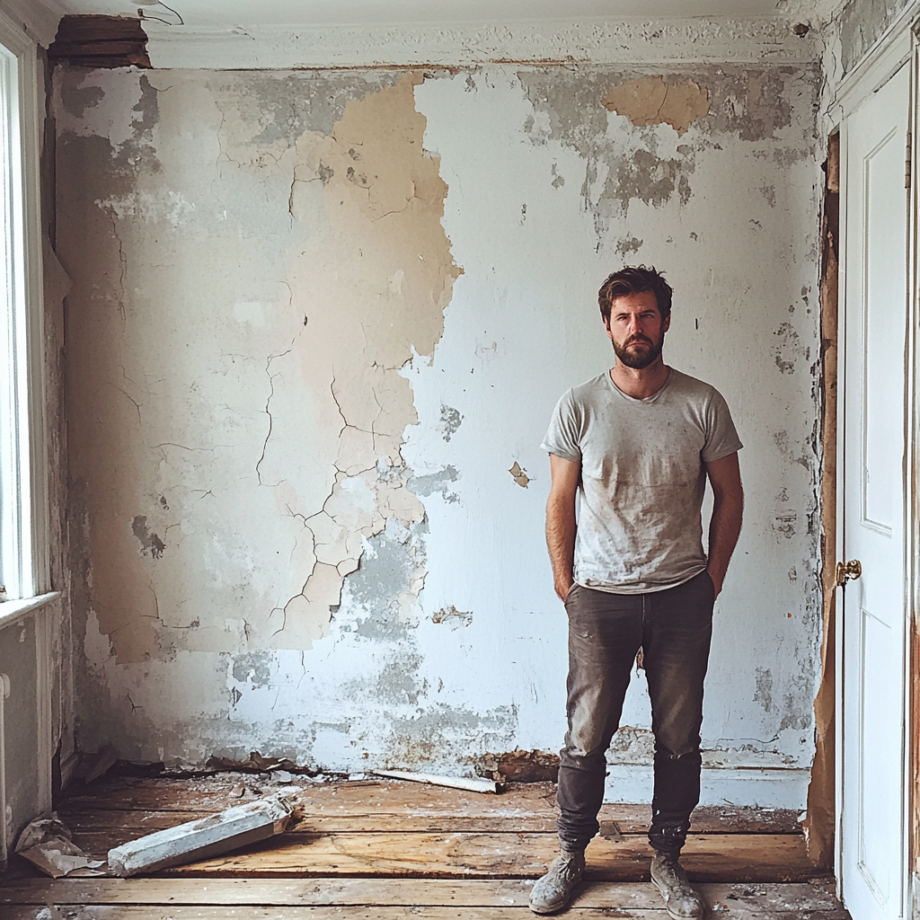 Amateur photo of British man in rundown house.