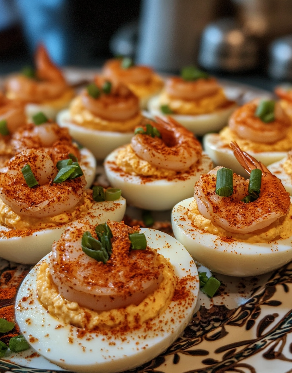 Amateur photo of deviled eggs with shrimp topping.