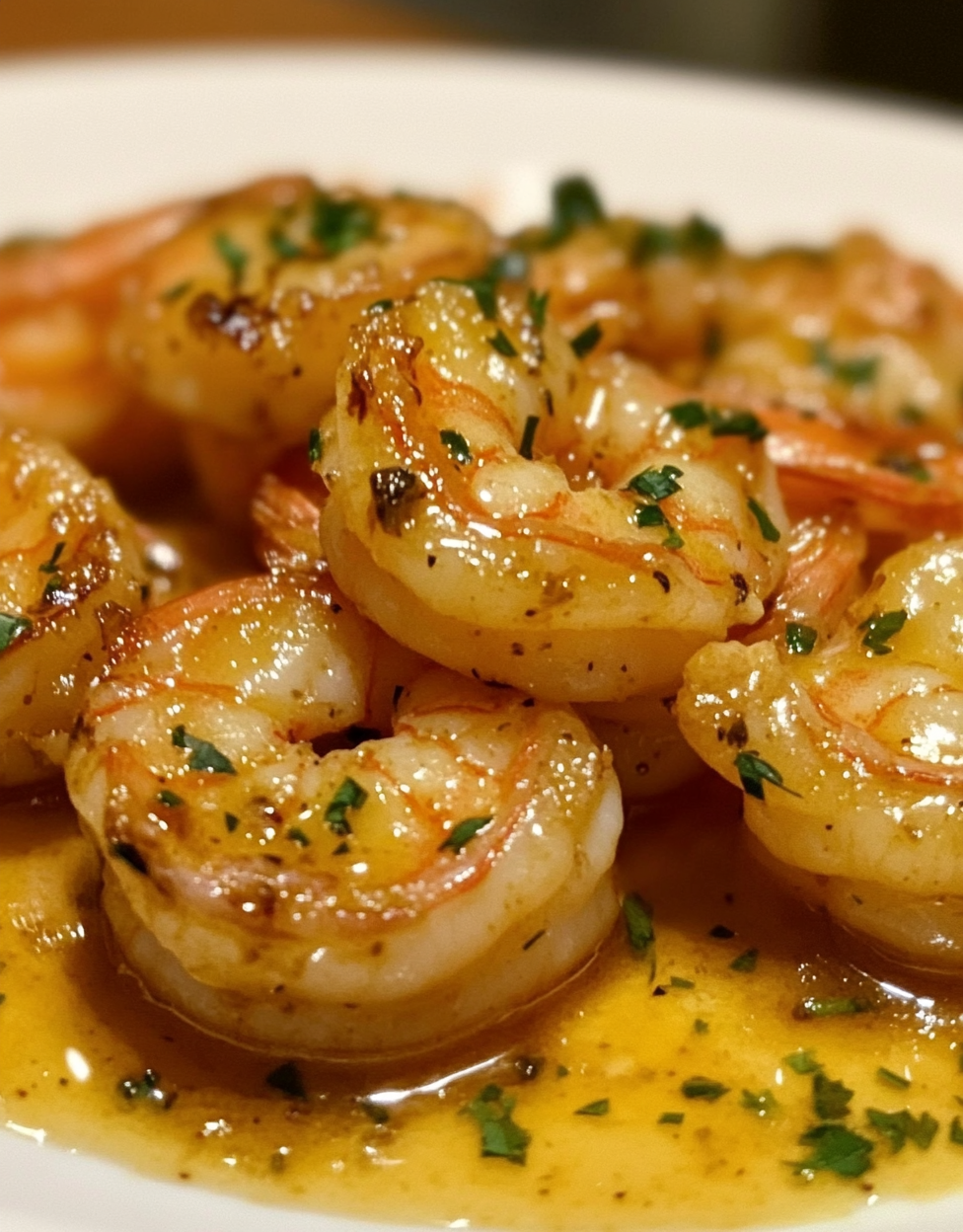 Amateur photo of golden shrimp in garlic butter sauce.