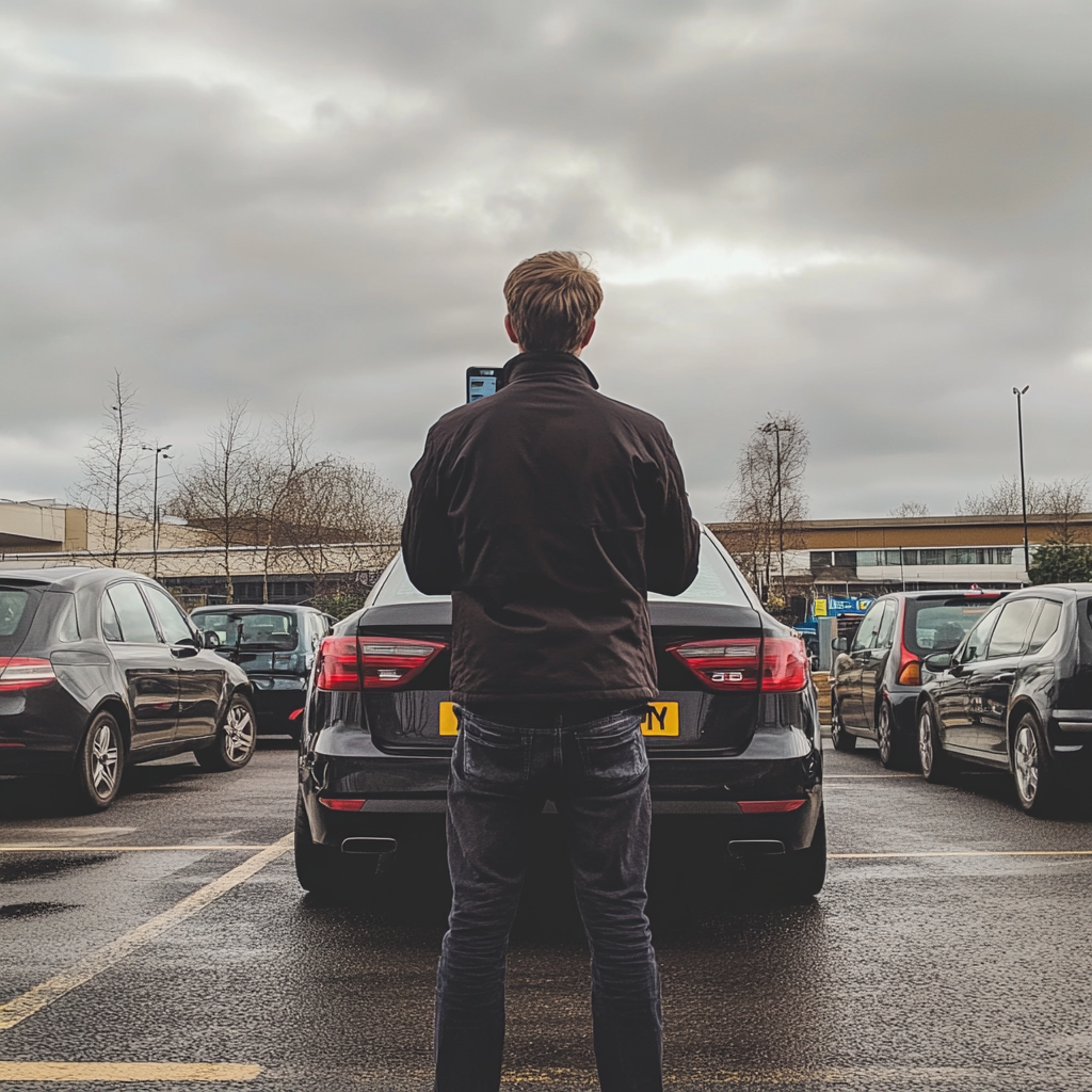 Amateur photo of man in London parking lot.