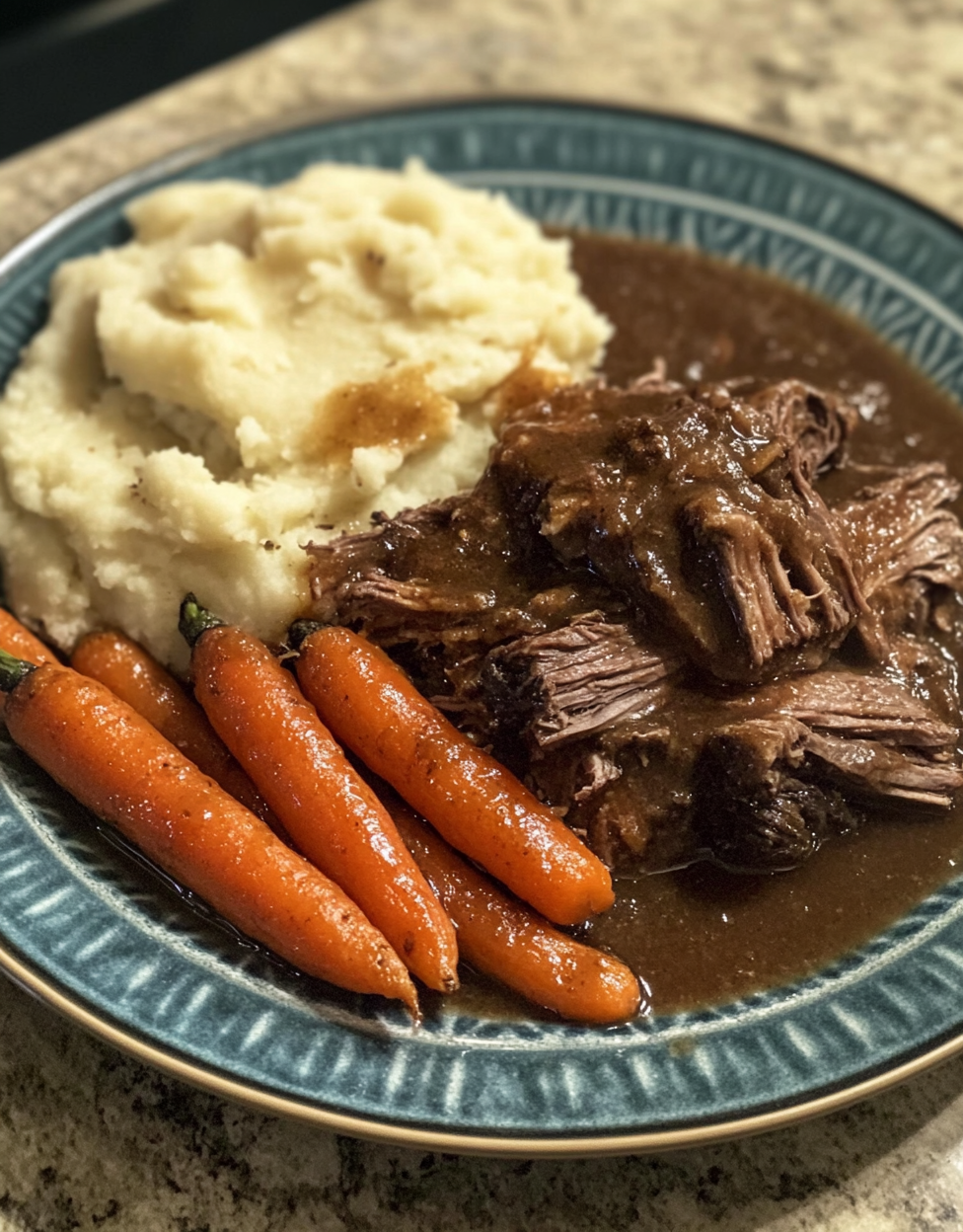 Amateur photo of pot roast with gravy and vegetables.