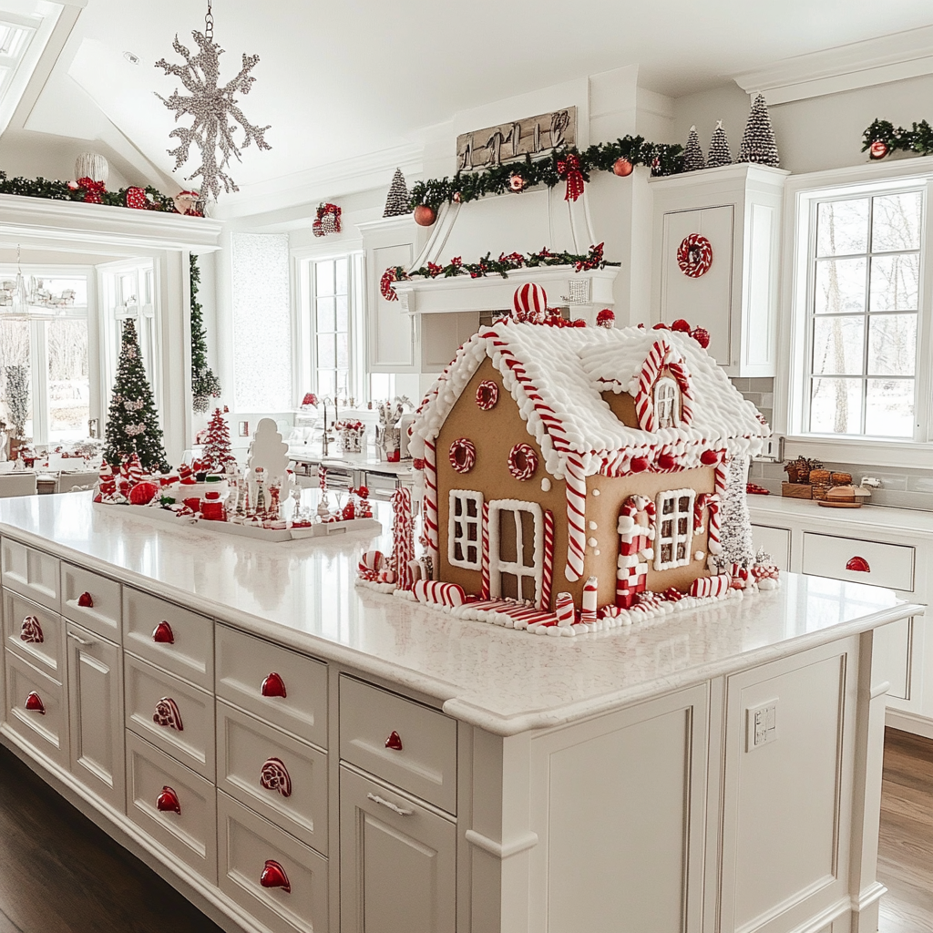 Amazing gingerbread Christmas decorations in modern kitchen.