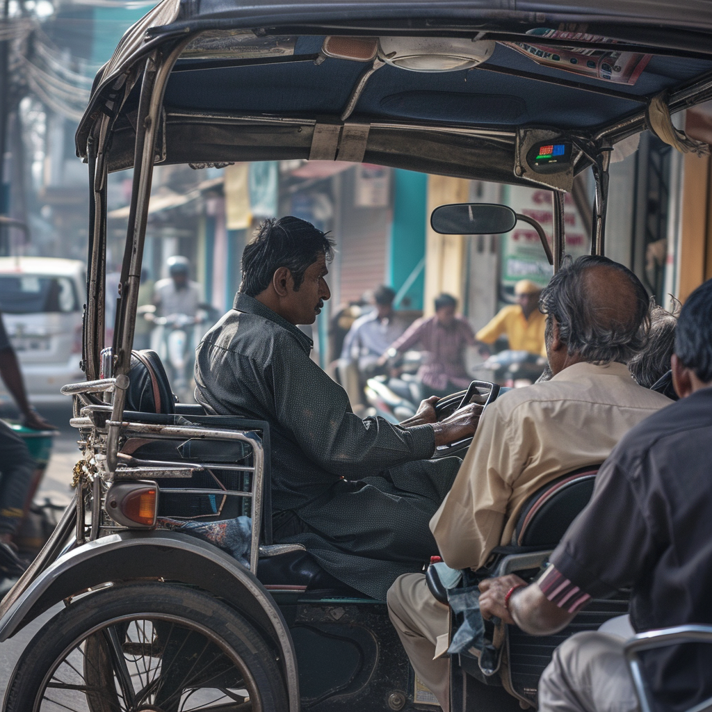 Amazon assistant chatting with angry customers while driving rickshaw.