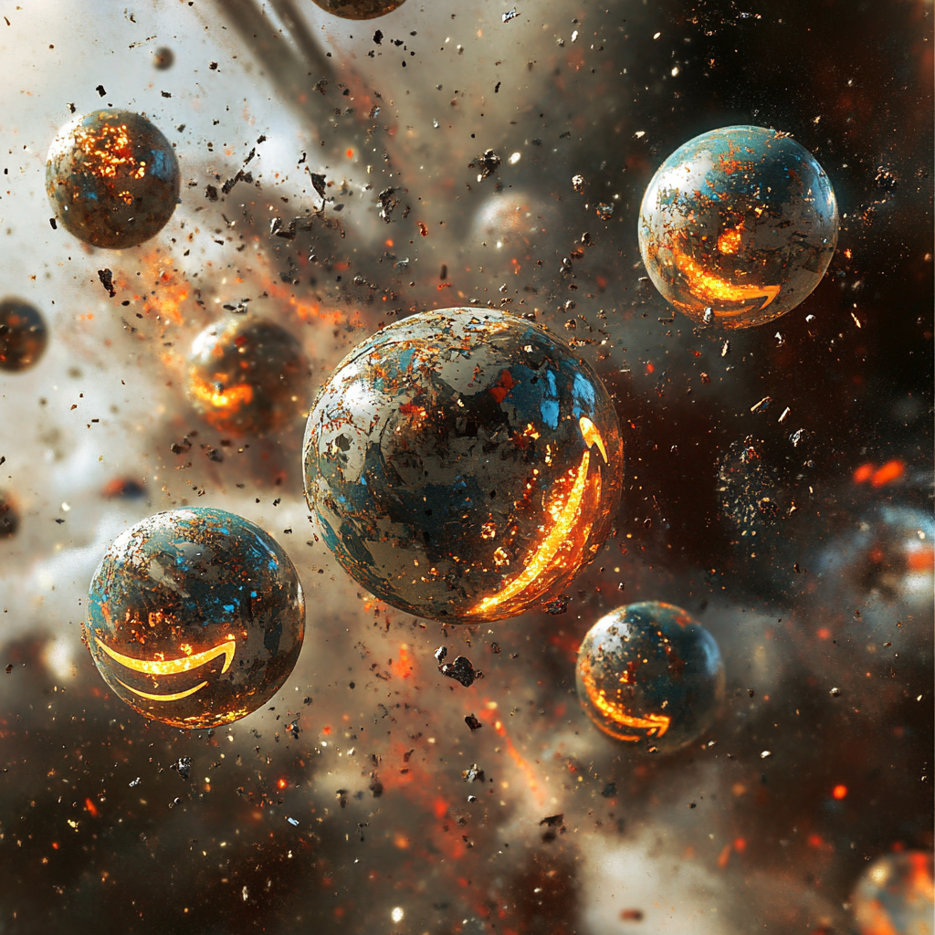 Amazon logo globes explode in chaotic space scene.