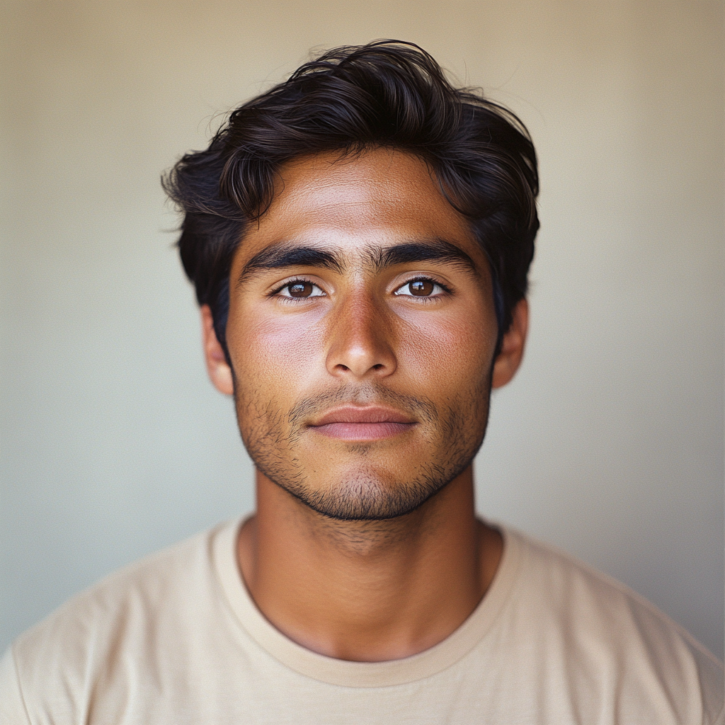 American-Mexican-Portuguese man with oblong face. Dark brown hair, eyes, tan skin. Plain t-shirt. Kodak Portra 160 film.