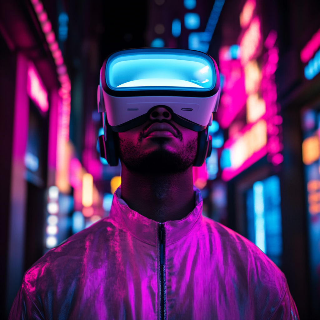 American man with VR headset in cyberpunk city.