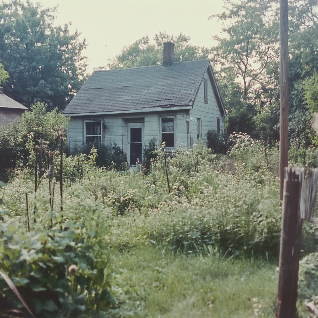 American middle class village garden, noisy VHS tape quality.