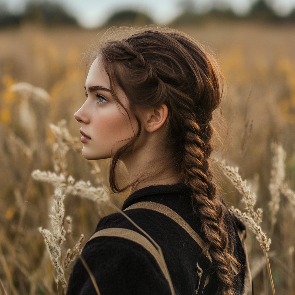 American pioneer woman with brown hair and braids gazes.