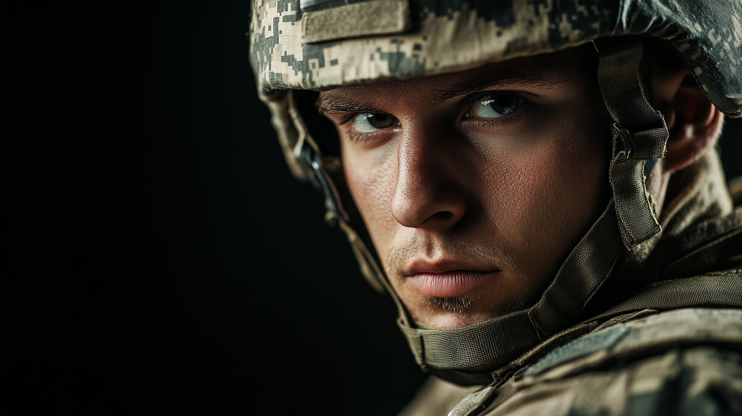 American soldier, handsome, cute, professional studio portrait, sharp focus.