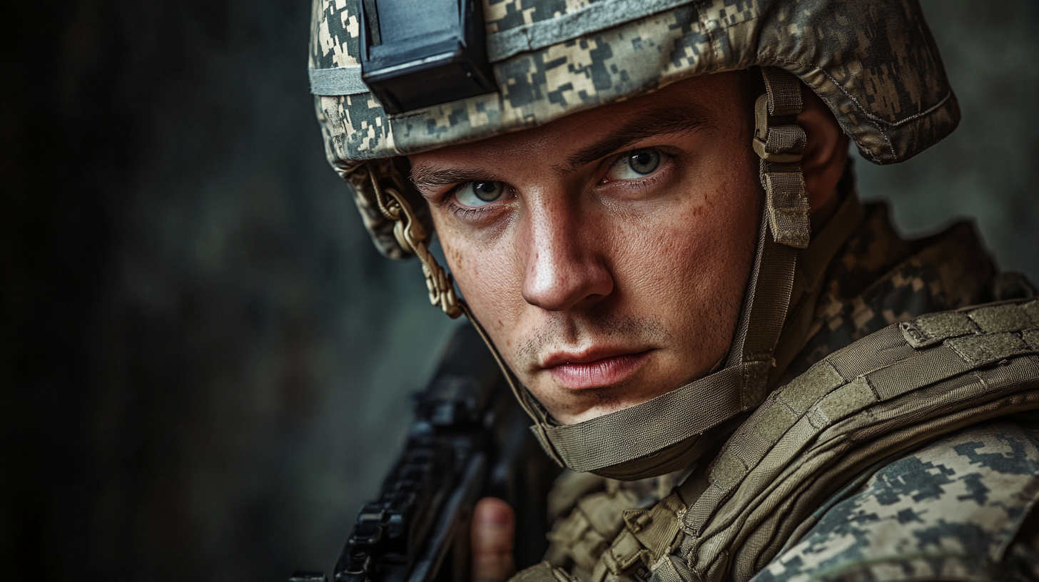 American soldier in dramatic studio lighting, high quality portrait.