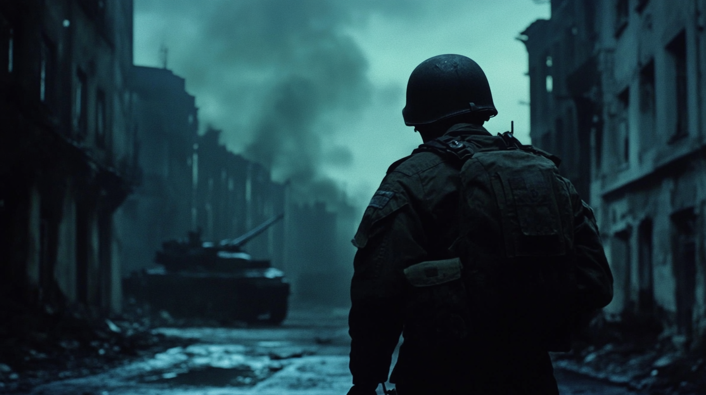 American soldier in war-torn Berlin, futuristic technology thriller.