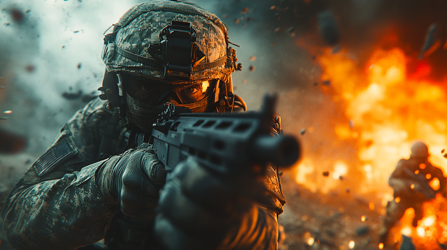 American soldier with gun standing amidst destroyed enemy base.