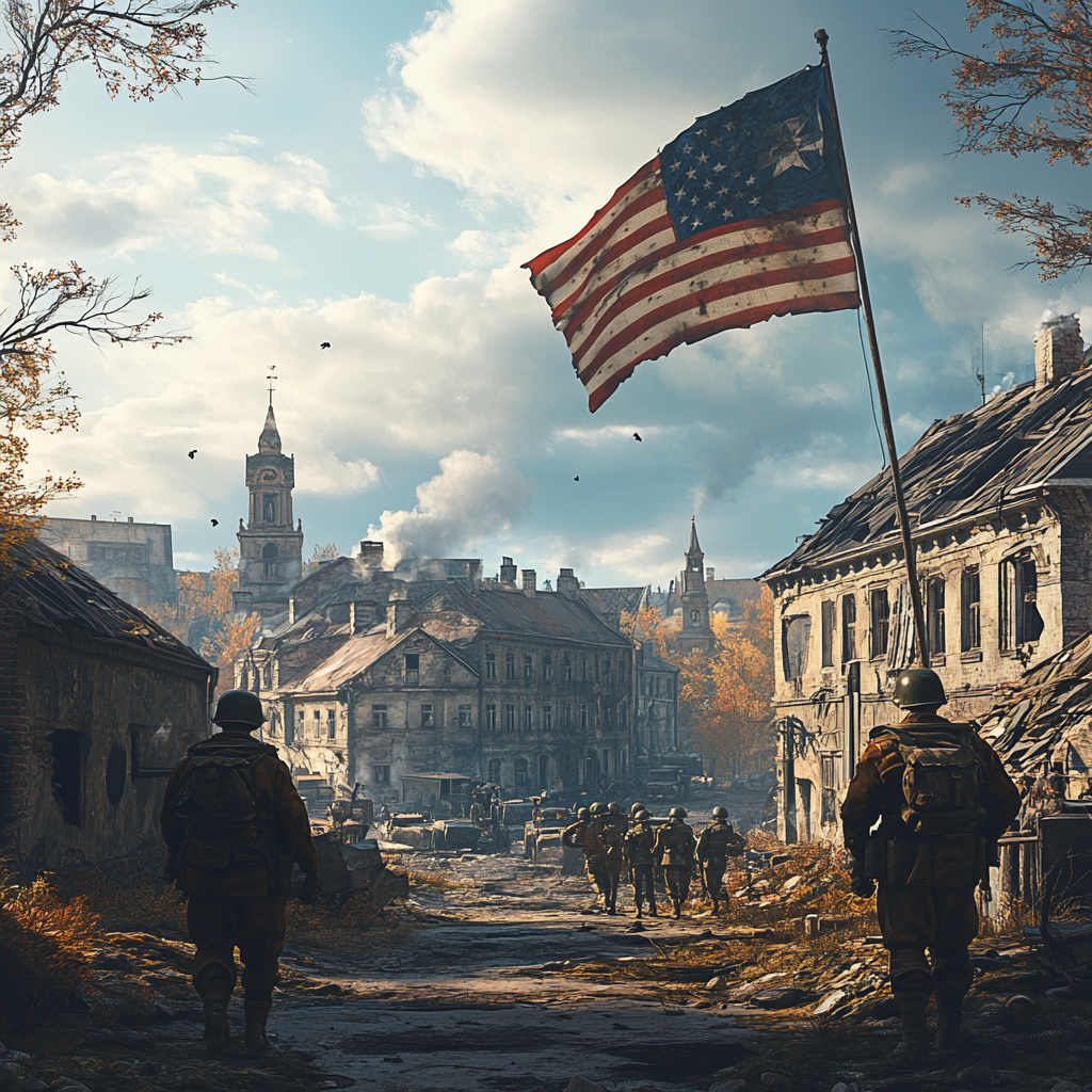 American soldiers raise flag in liberated Vilnius, 1950s cinematic.