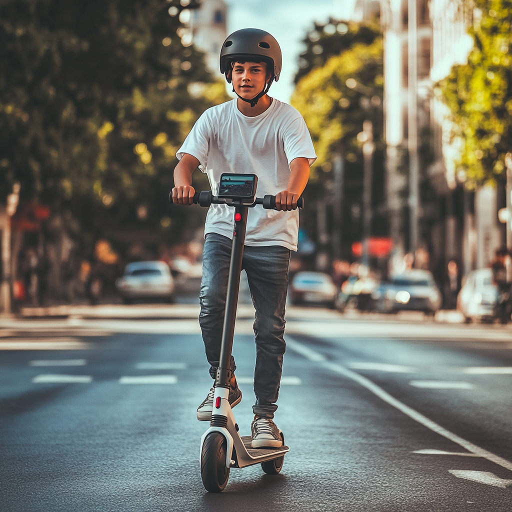 American street with boys riding electric scooters.