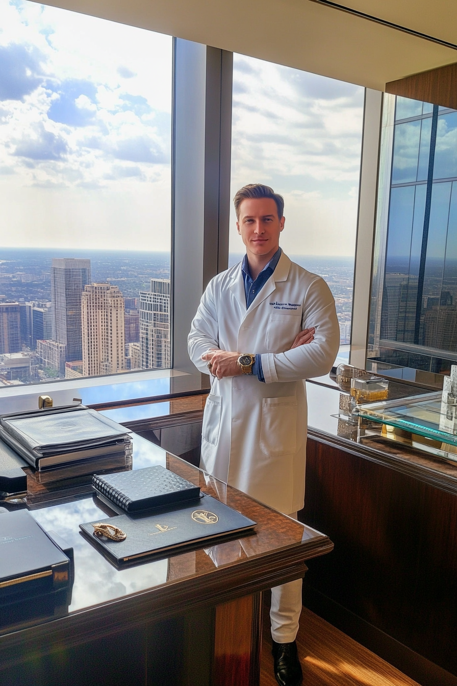 American white male doctor in luxurious office with luxury items.