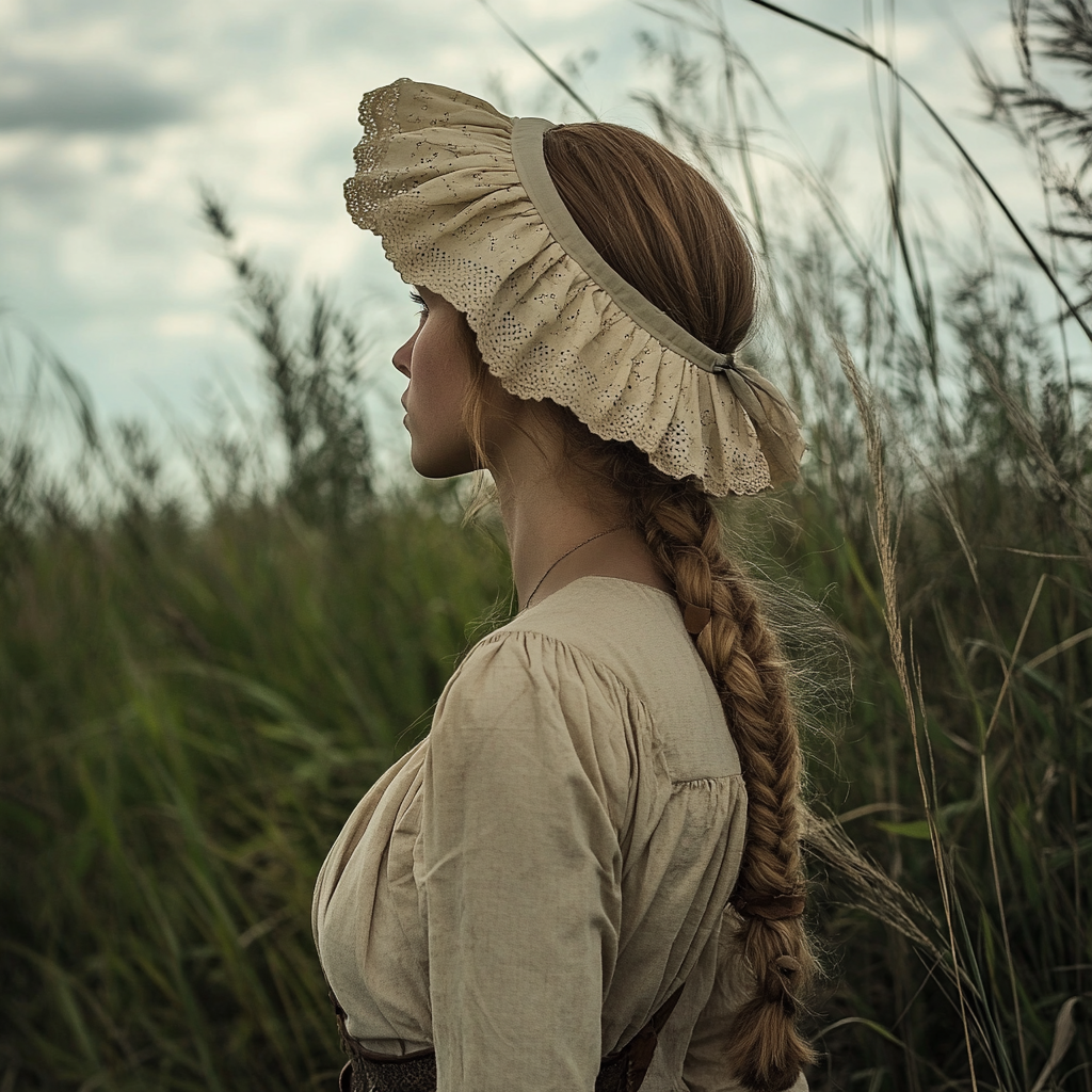 American woman pioneer in sunbonnet, gazing at prairie grasses.