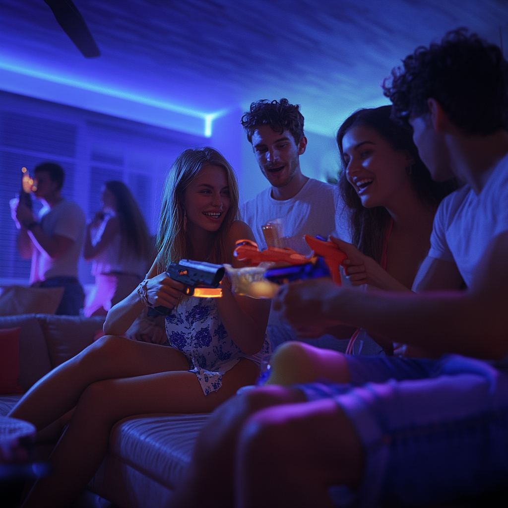 Americans partying with toy gun under blue and purple lights.