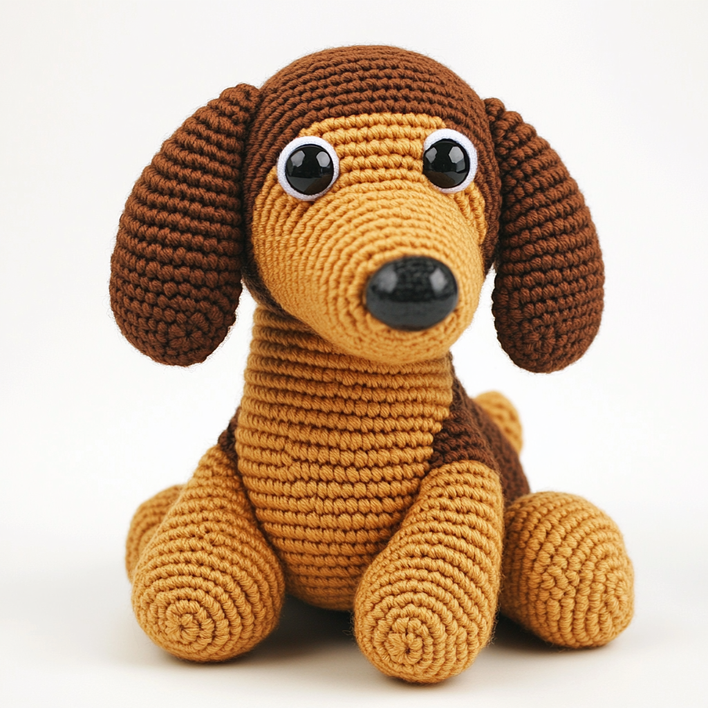 Amigurumi Dachshund named Pipoca, fluffy body, floppy ears.