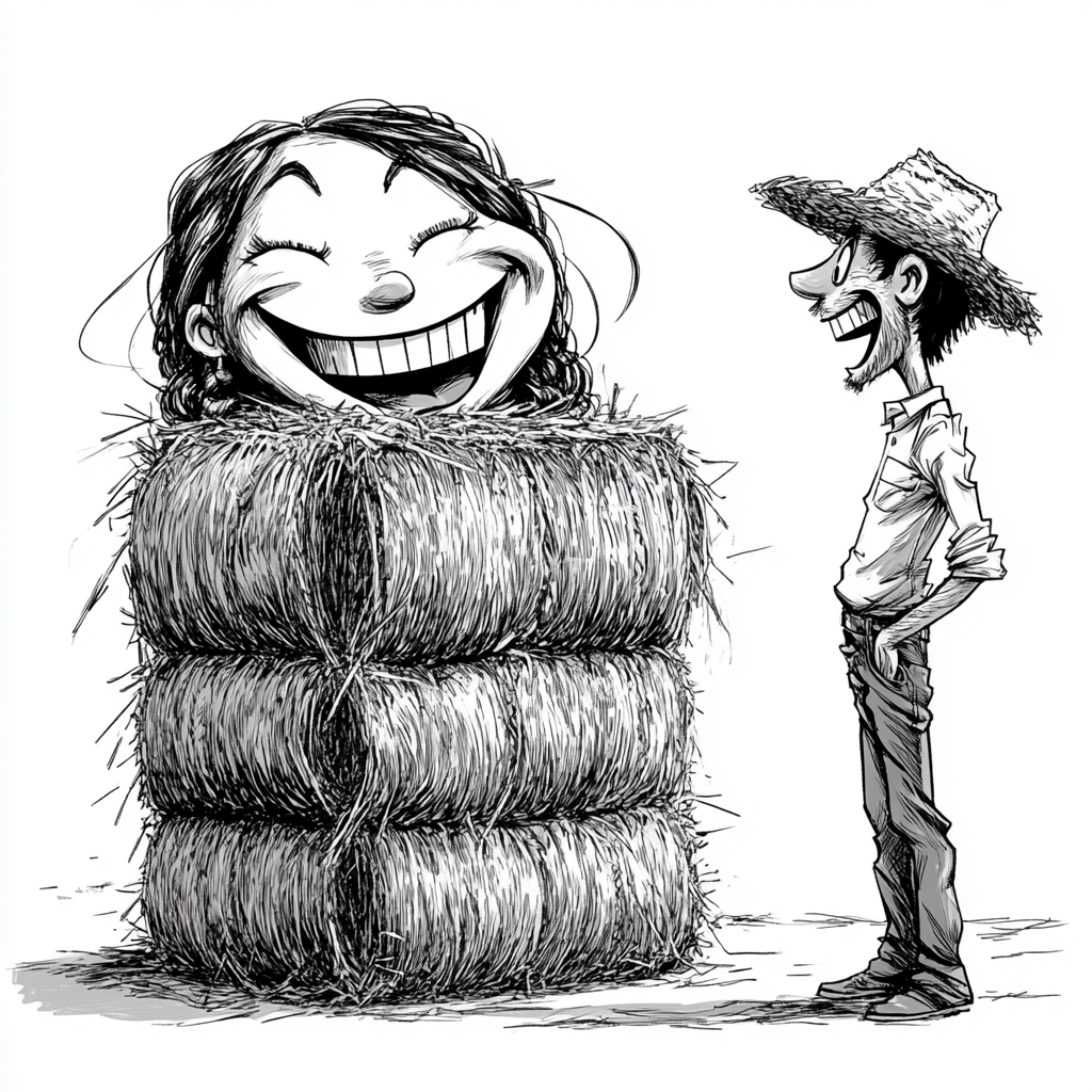 Amused Man and Laughing Woman in Hay Bales