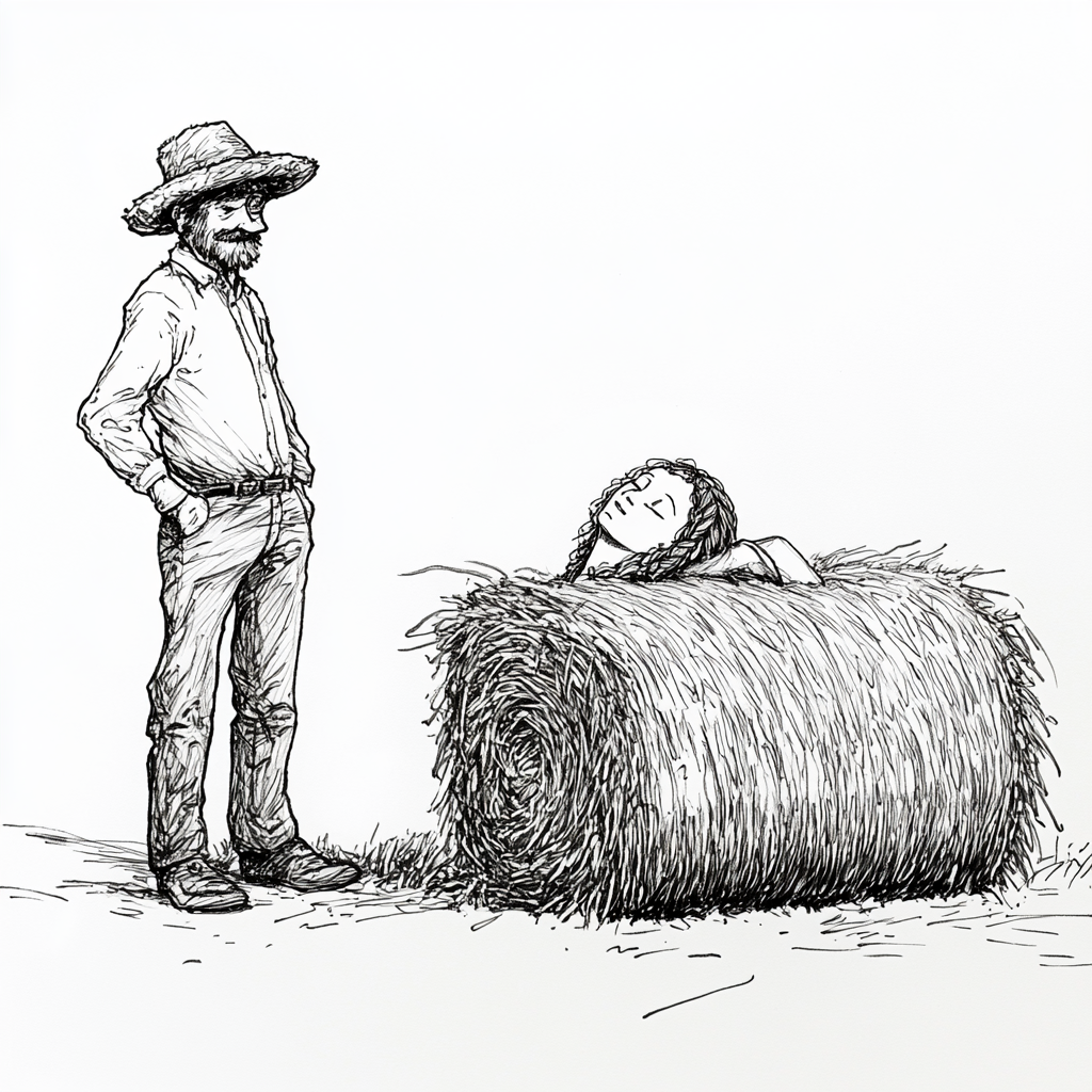 Amused Man with Hay Bale Woman Drawing - Black and White