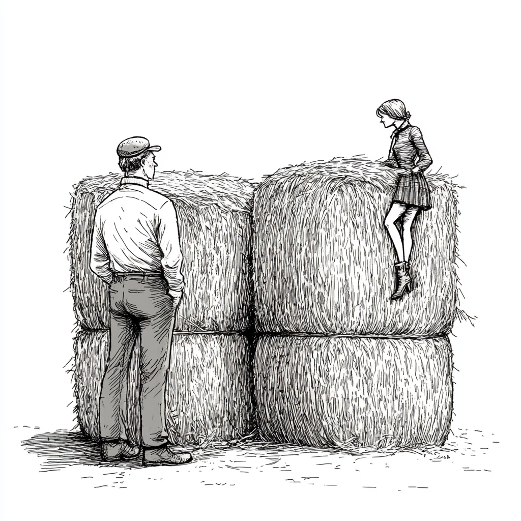 Amused man by bales of hay with woman legs.